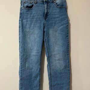 OAT New York cropped frayed hem high rise blue denim jeans